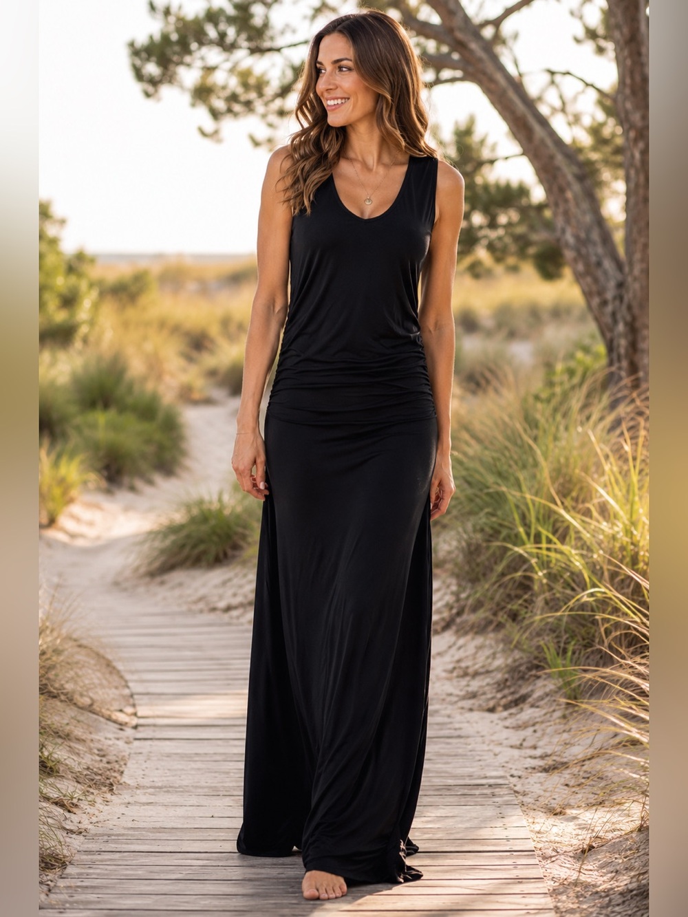 Green Dragon Black Maxi Dress Sleeveless Ruched Stretch Knit Size Small